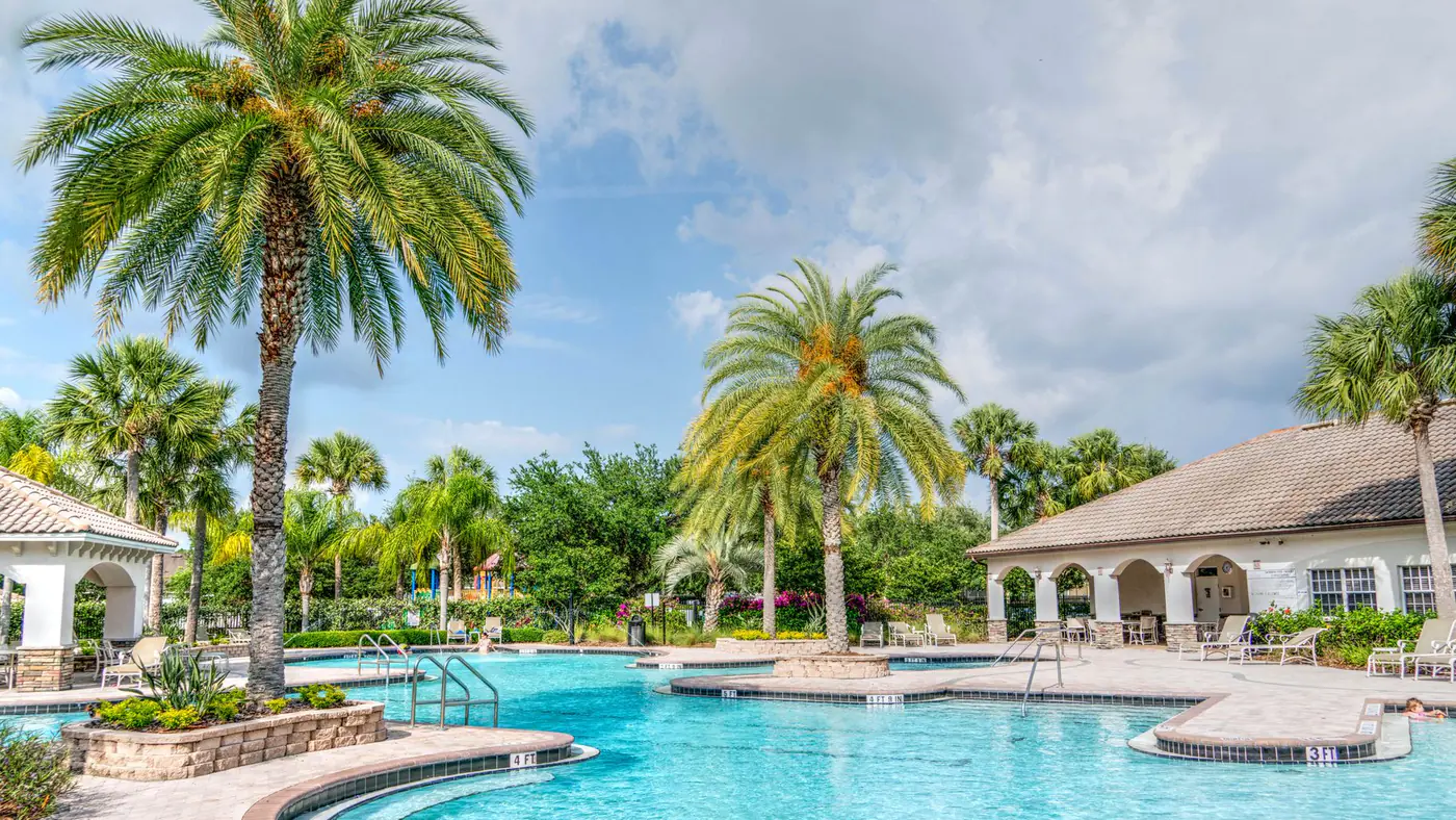Idyllic tropical resort featuring palm trees, tranquil poolside setting, and relaxing vacation vibes.