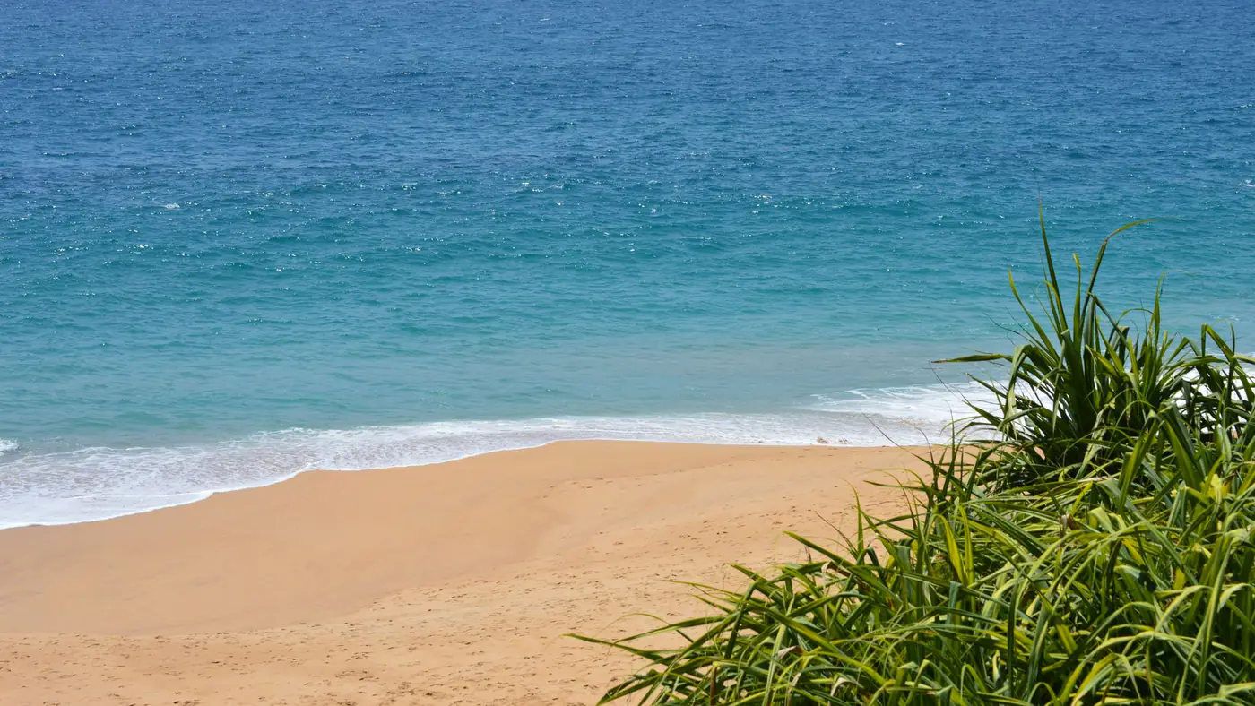 Tranquil beach scene with clear blue ocean and sky, ideal for relaxation.